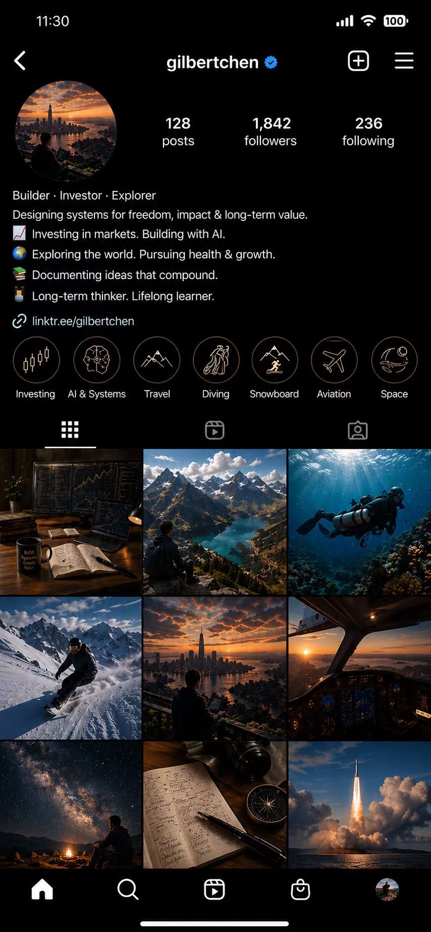 A social profile screenshot for gilbertchen showing builder, investor, explorer, AI systems, travel, diving, aviation, and space imagery.